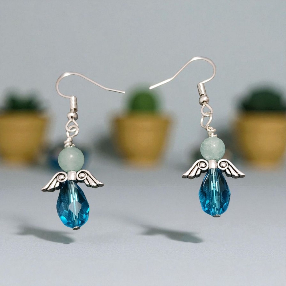 Elegant Silver and Blue Aventurine  Angel Earrings